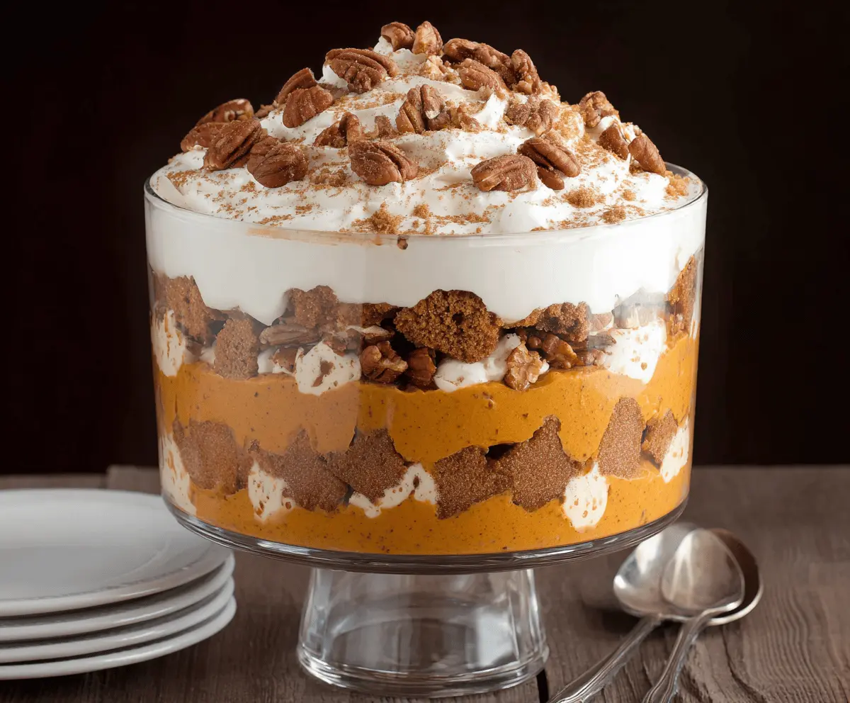 Delicious Maple Pecan & Pumpkin Cheesecake Trifle layered with creamy pumpkin filling, toasted pecans, and maple syrup.
