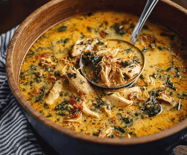 Creamy Marry Me Chicken Soup with tender chicken, fresh herbs, and vegetables in a rich, savory broth