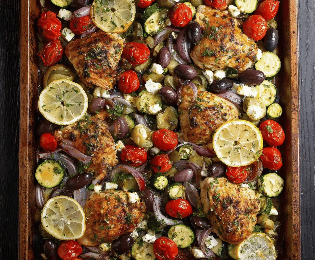 Delicious Mediterranean Chicken and Zucchini Sheet Pan dinner with colorful vegetables and herbs