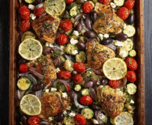 Delicious Mediterranean Chicken and Zucchini Sheet Pan dinner with colorful vegetables and herbs