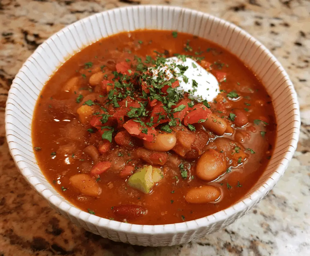 A steaming bowl of Mexican Pinto Bean Soup topped with fresh cilantro, diced tomatoes, and chopped onions, served with lime wedges on a rustic wooden table.
