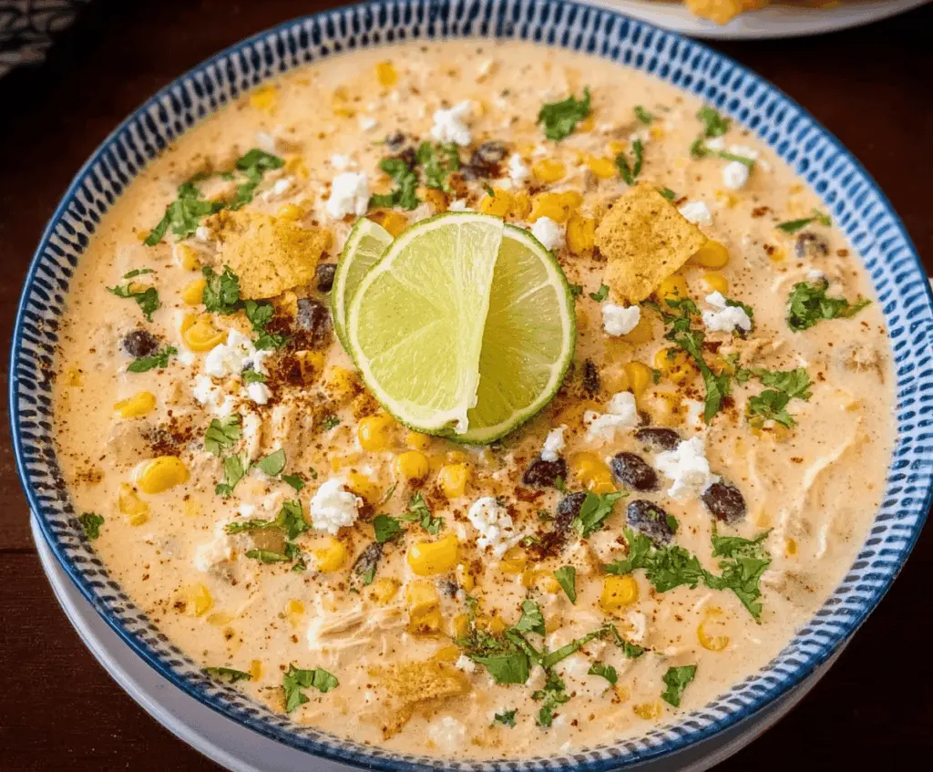 Creamy Mexican Street Corn Soup cooked in a crockpot, featuring grilled corn, fresh herbs, and spicy seasonings, perfect for a flavorful comfort meal.