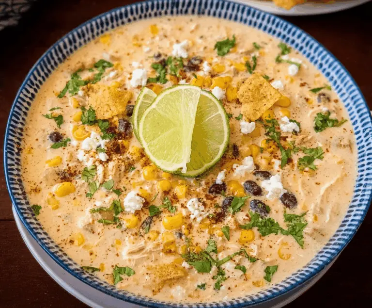 Creamy Mexican Street Corn Soup cooked in a crockpot, featuring grilled corn, fresh herbs, and spicy seasonings, perfect for a flavorful comfort meal.