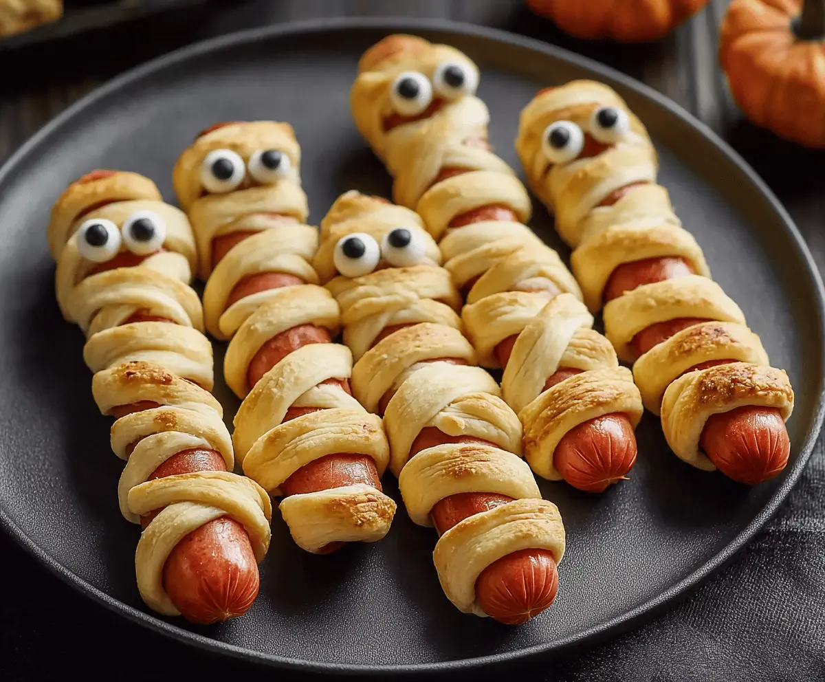 Fun Mummy Hot Dogs wrapped in puff pastry with googly eyes, perfect for Halloween parties.