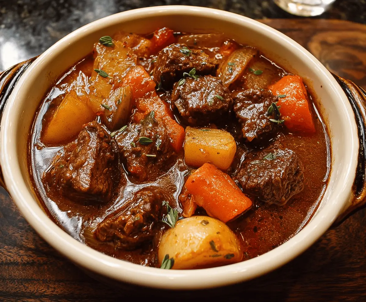 Hearty homemade Old Fashioned Beef Stew with tender beef chunks, vegetables, and savory broth in a rustic bowl