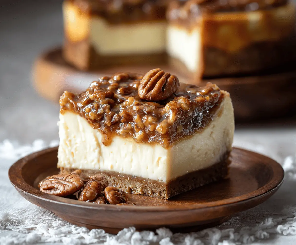 Delicious pecan pie cheesecake with a golden crust and rich pecan topping.