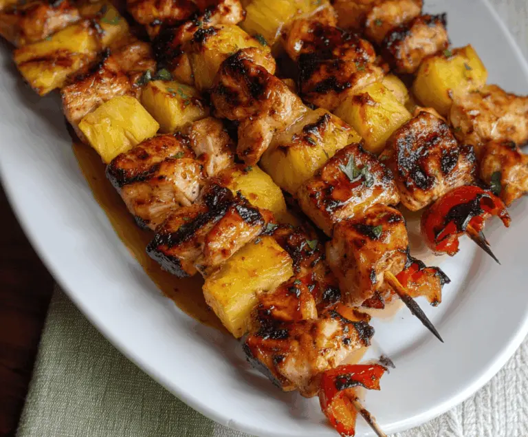 Juicy pineapple chunks and grilled chicken kabobs on skewers, served with fresh vegetables for a delicious Pineapple Chicken Kabobs recipe