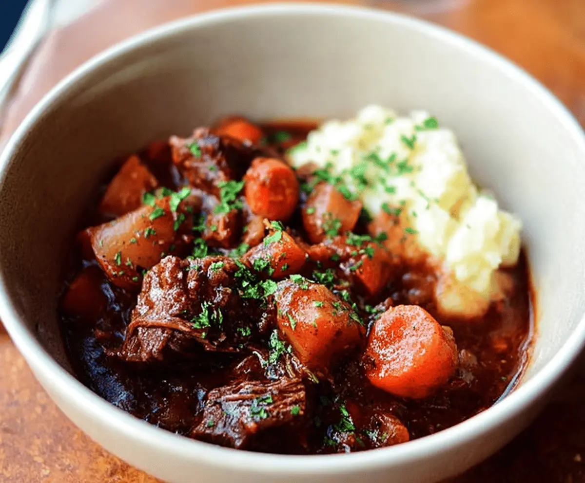 Hearty Pioneer Woman's Crockpot Beef Stew with tender beef, vegetables, and herbs in a rustic bowl