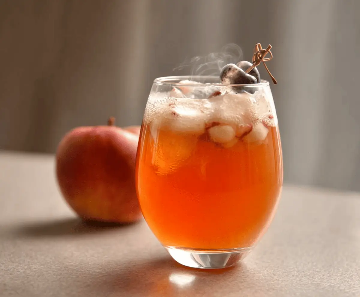 Spooky Poisoned Apple Cider served in a glass with cinnamon sticks and fresh apple slices, perfect for Halloween parties