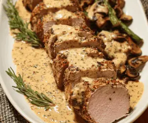 Pork tenderloin with creamy Dijon sauce served with roasted vegetables on a white plate