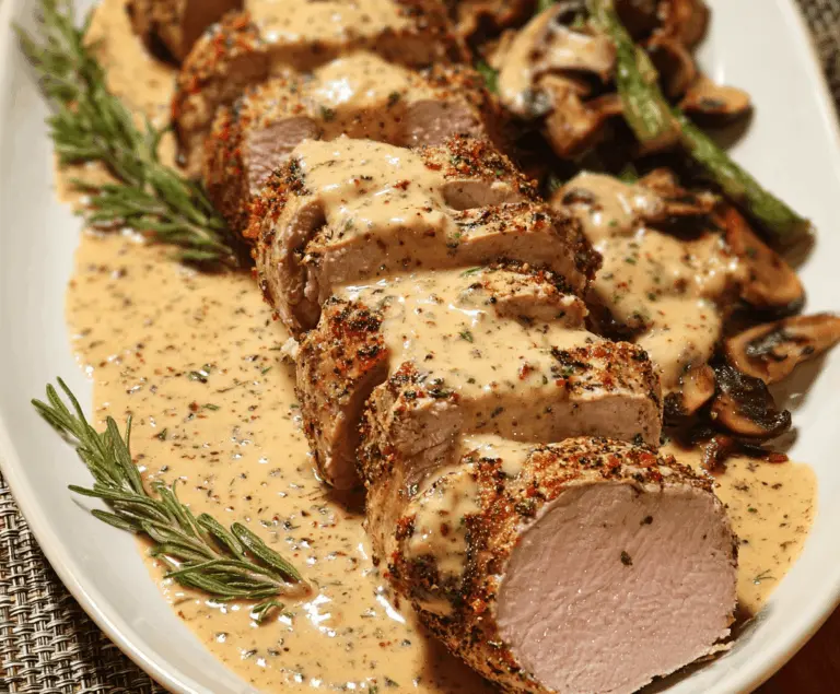 Pork tenderloin with creamy Dijon sauce served with roasted vegetables on a white plate
