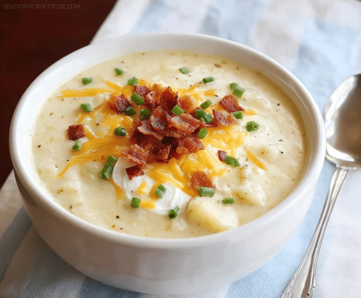 Creamy potato soup served in a bowl topped with fresh herbs and crispy bacon, perfect for a comforting homemade meal.