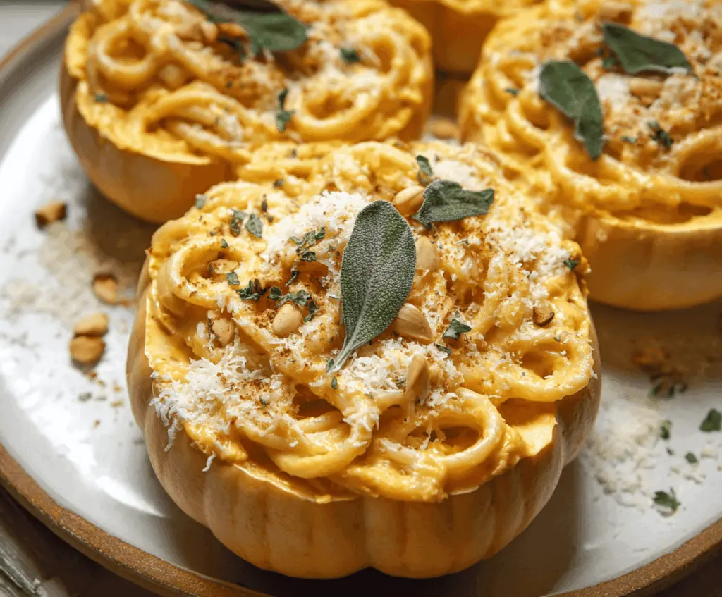 Creamy pumpkin Alfredo pasta served in spooky cauldron-shaped bowls, perfect for fall and Halloween-themed dinners.