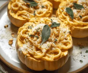 Creamy pumpkin Alfredo pasta served in spooky cauldron-shaped bowls, perfect for fall and Halloween-themed dinners.