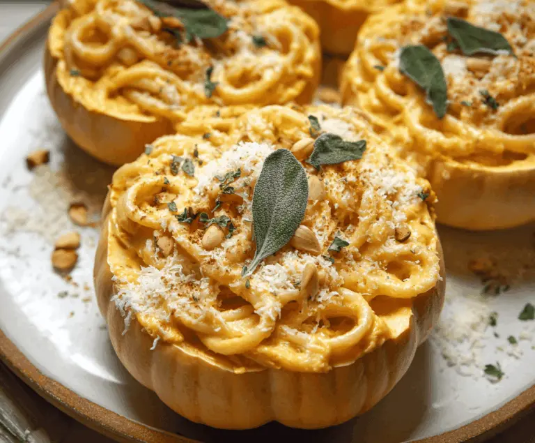 Creamy pumpkin Alfredo pasta served in spooky cauldron-shaped bowls, perfect for fall and Halloween-themed dinners.