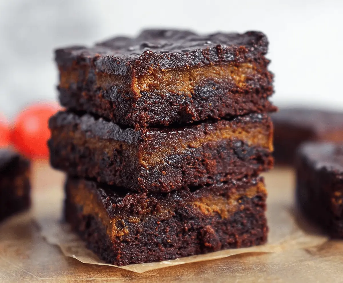 Delicious homemade pumpkin brownies with rich chocolate and creamy pumpkin filling on a rustic wooden table