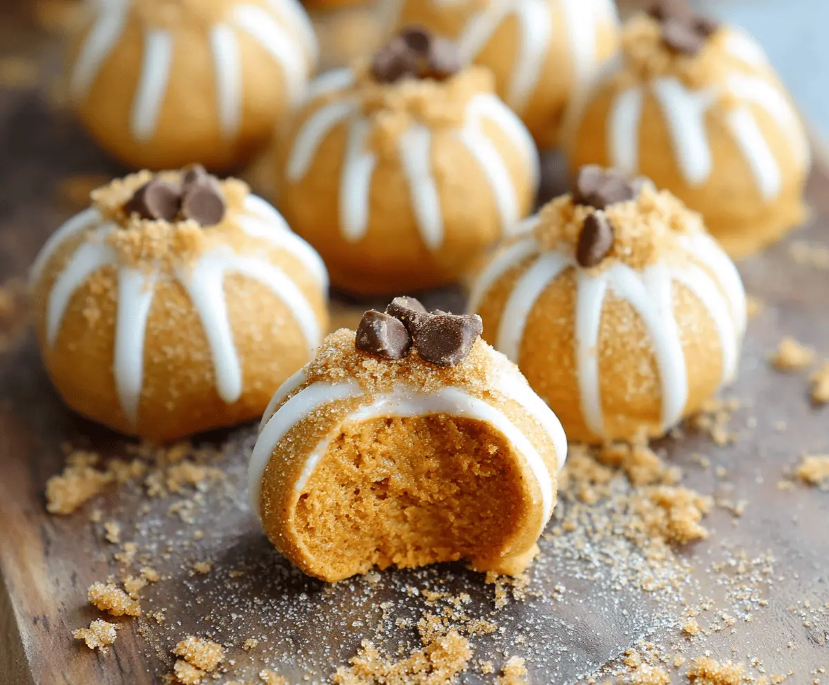 Delicious pumpkin cheesecake truffles garnished with crushed graham crackers on a white plate.