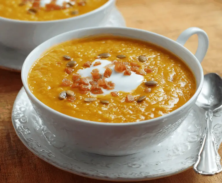 Creamy pumpkin curry soup garnished with fresh herbs in a bowl, perfect for fall meals.