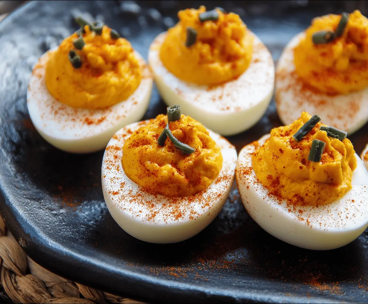 Decorative Pumpkin Patch Deviled Eggs with orange filling, green garnish, and themed decorations for a festive fall appetizer display.