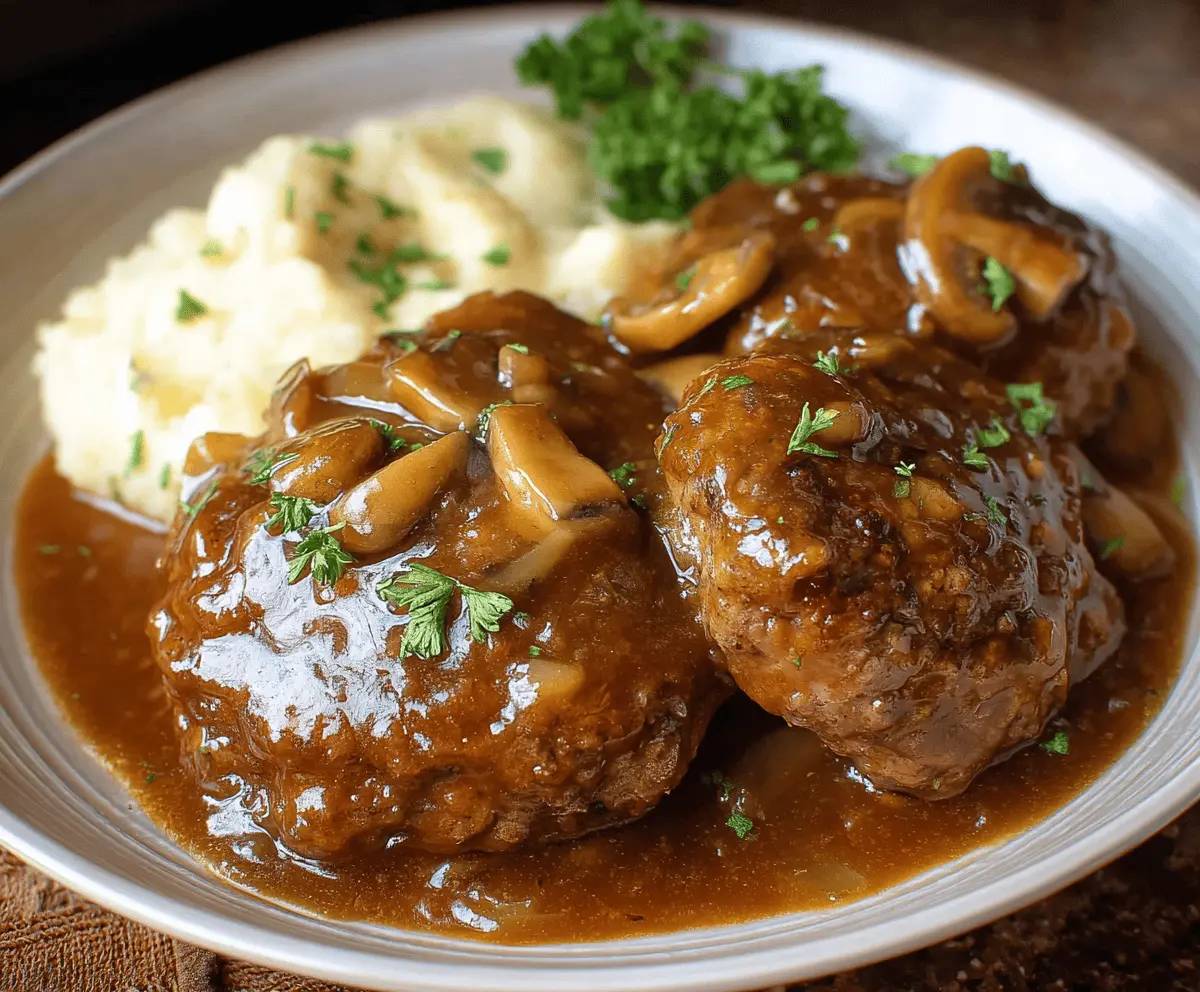 Delicious Slow Cooker Salisbury Steaks topped with rich gravy, served with mashed potatoes and steamed vegetables on a plate.