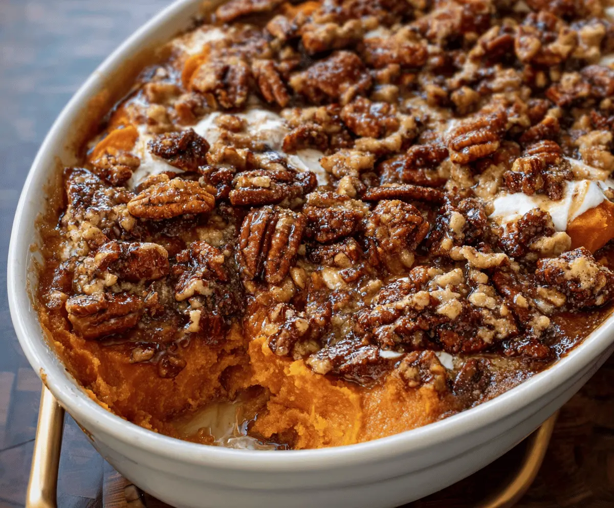 Delicious Southern Maple Sweet Potato Casserole topped with marshmallows and pecans, ready to serve