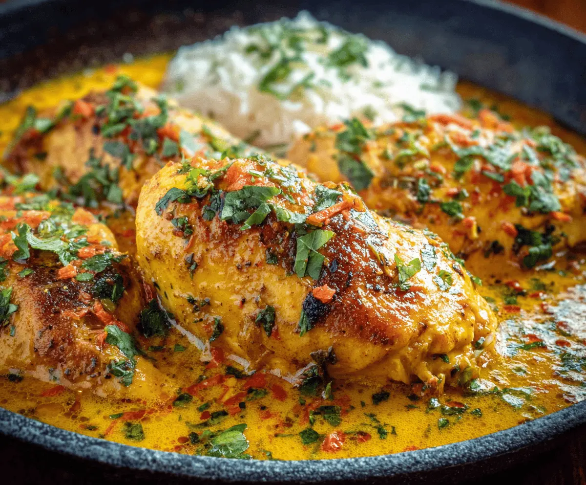 Delicious spicy Brazilian coconut chicken served on a plate with fresh herbs and lime, perfect for tropical flavor lovers
