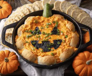 Spooky Halloween Buffalo Dip served with celery sticks and tortilla chips for a festive Halloween appetizer