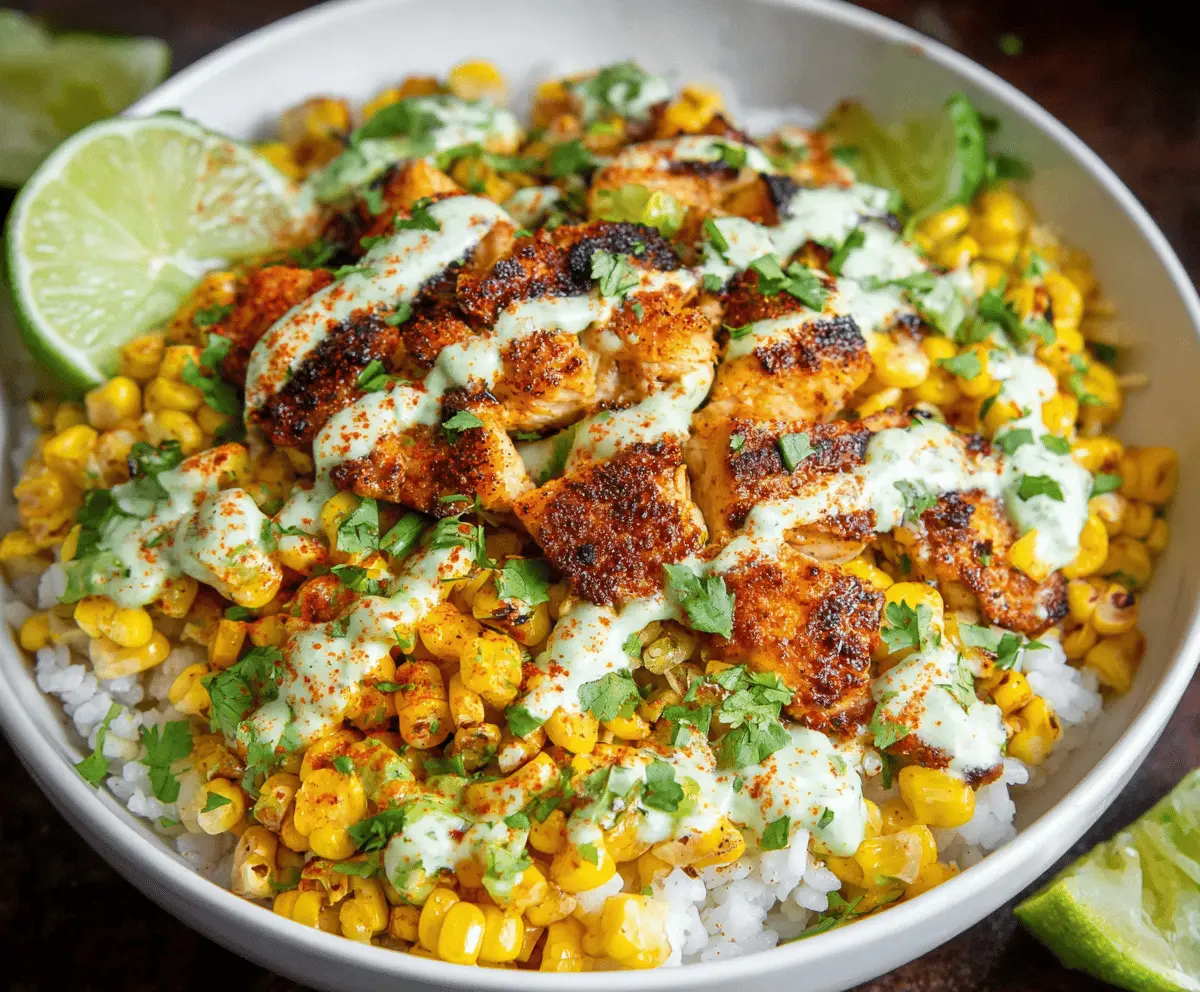 Delicious street corn chicken rice bowl topped with grilled corn, fresh herbs, and a tangy sauce, served in a bowl for a flavorful meal.