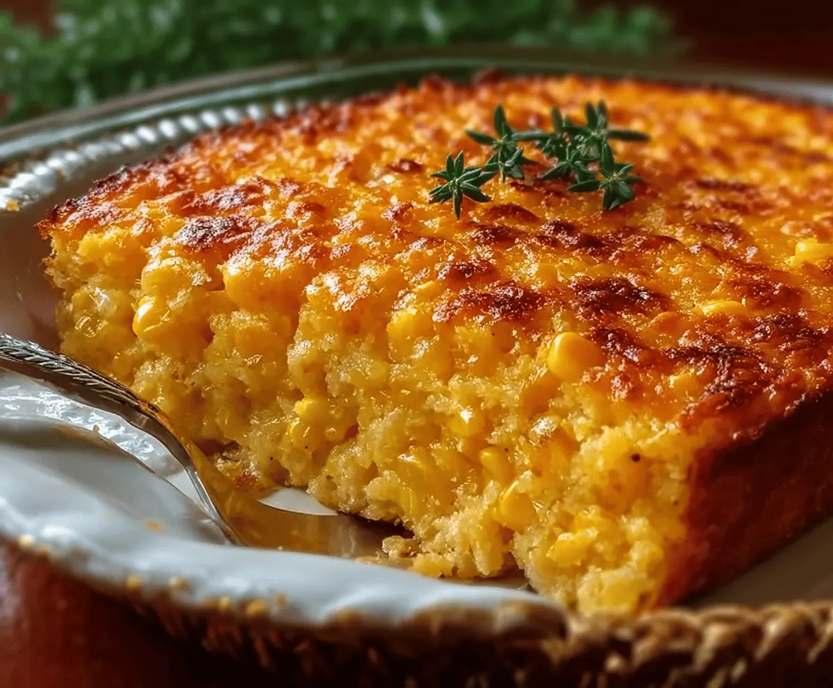 Delicious Sweet Honey-Glazed Corn Casserole served in a baking dish with golden caramelized topping.