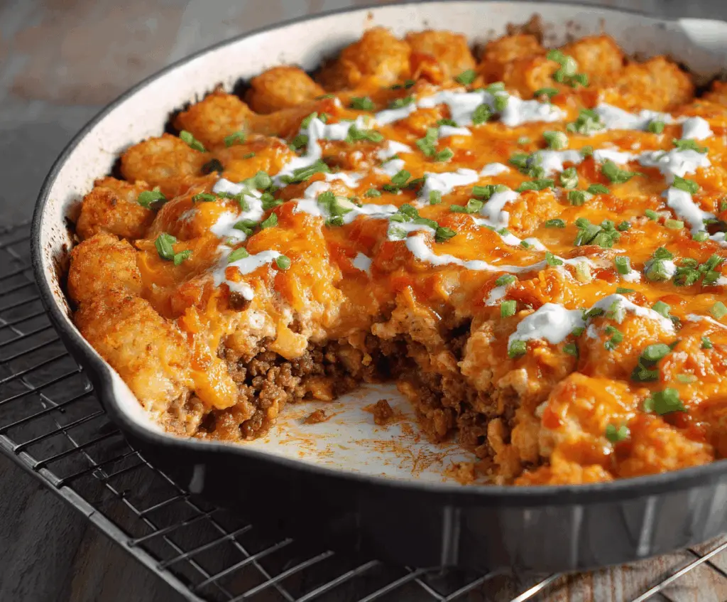 Delicious Tater Tot Casserole topped with melted cheese and crispy golden tater tots served in a baking dish