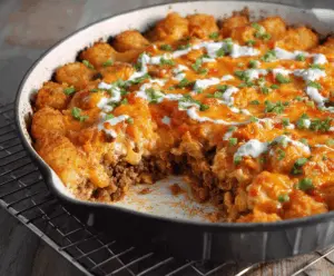 Delicious Tater Tot Casserole topped with melted cheese and crispy golden tater tots served in a baking dish