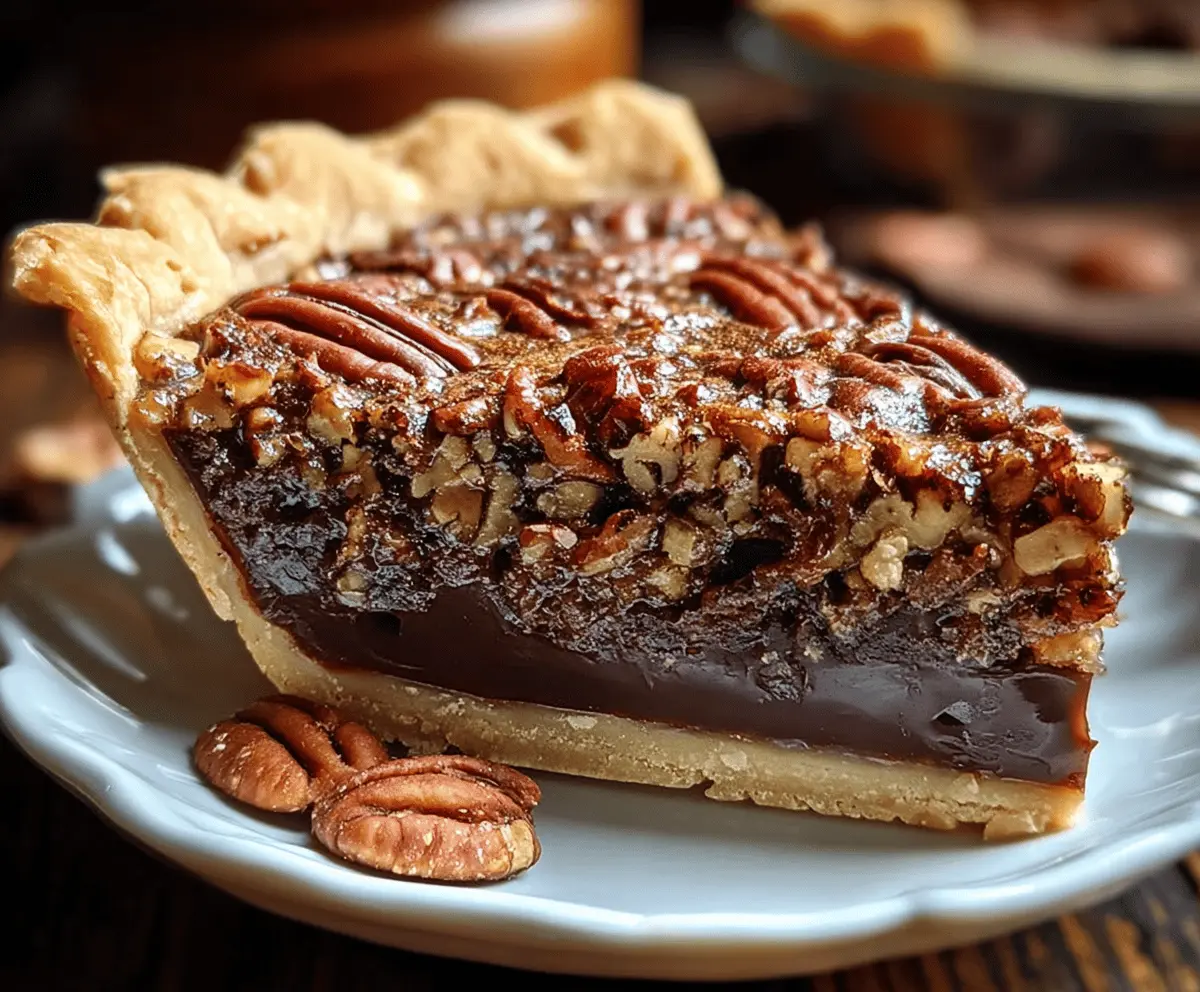 Delicious Texas Chocolate Pecan Pie with a rich chocolate filling topped with crunchy pecans.
