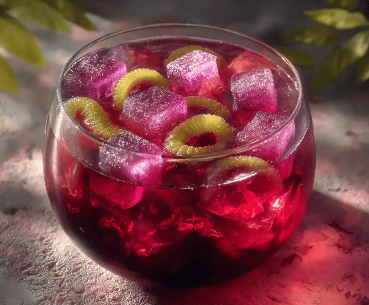Colorful Witch’s Potion Punch served in a spooky glass with floating fruit and dry ice fog for a Halloween celebration