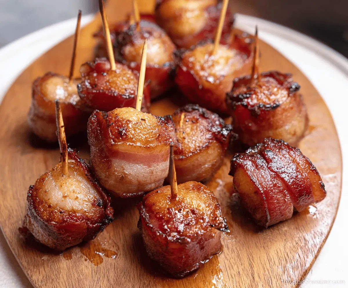 Delicious bacon wrapped water chestnuts appetizer on a plate, served as a savory party snack.