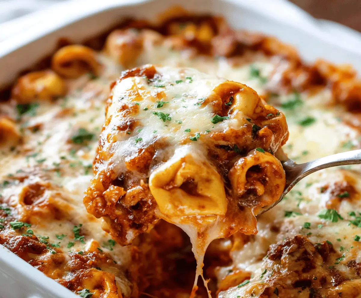 Delicious baked tortellini lasagna on a baking dish, showcasing layers of cheese, pasta, and savory sauce.