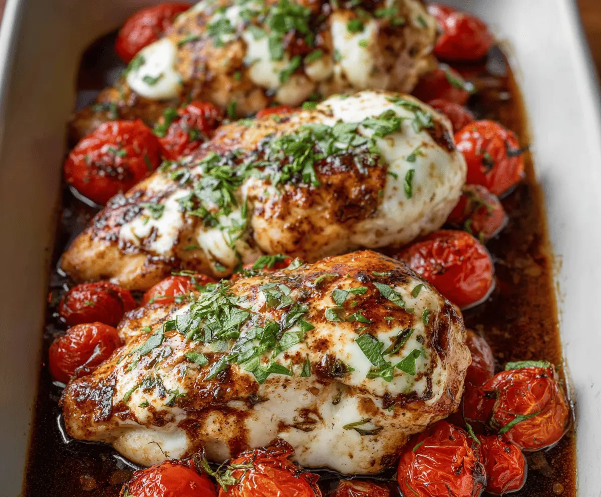 Delicious balsamic chicken breast topped with melted mozzarella cheese on a white plate.
