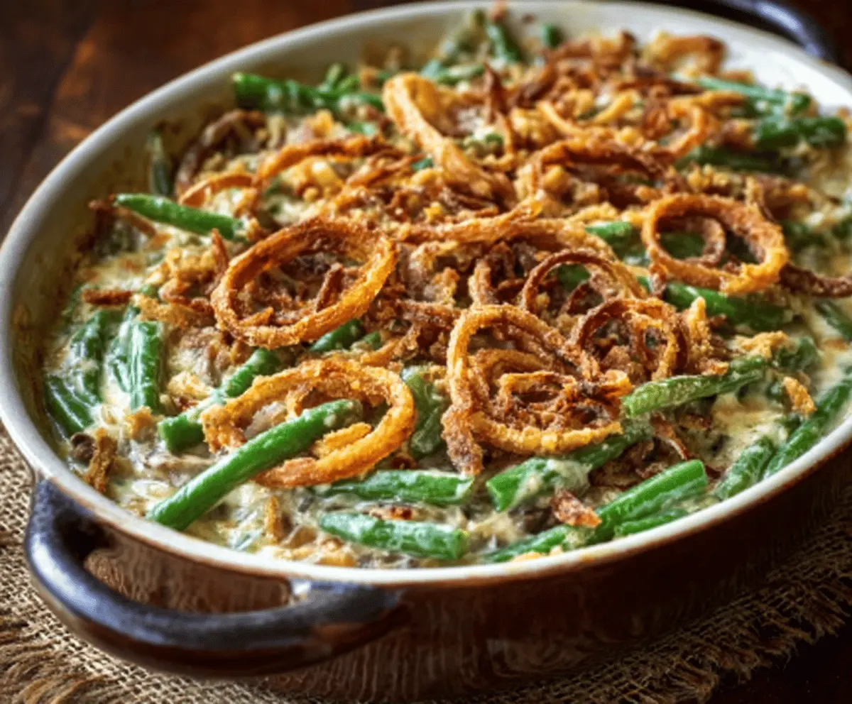 Delicious Barefoot Contessa Green Bean Casserole with crispy onion topping served in a baking dish