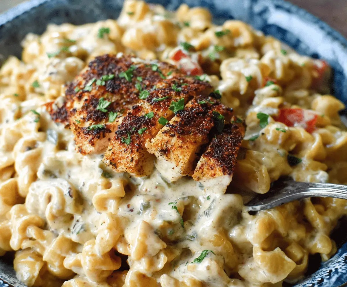 Creamy Cajun Chicken Alfredo pasta with blackened seasoned chicken slices and fresh herbs.