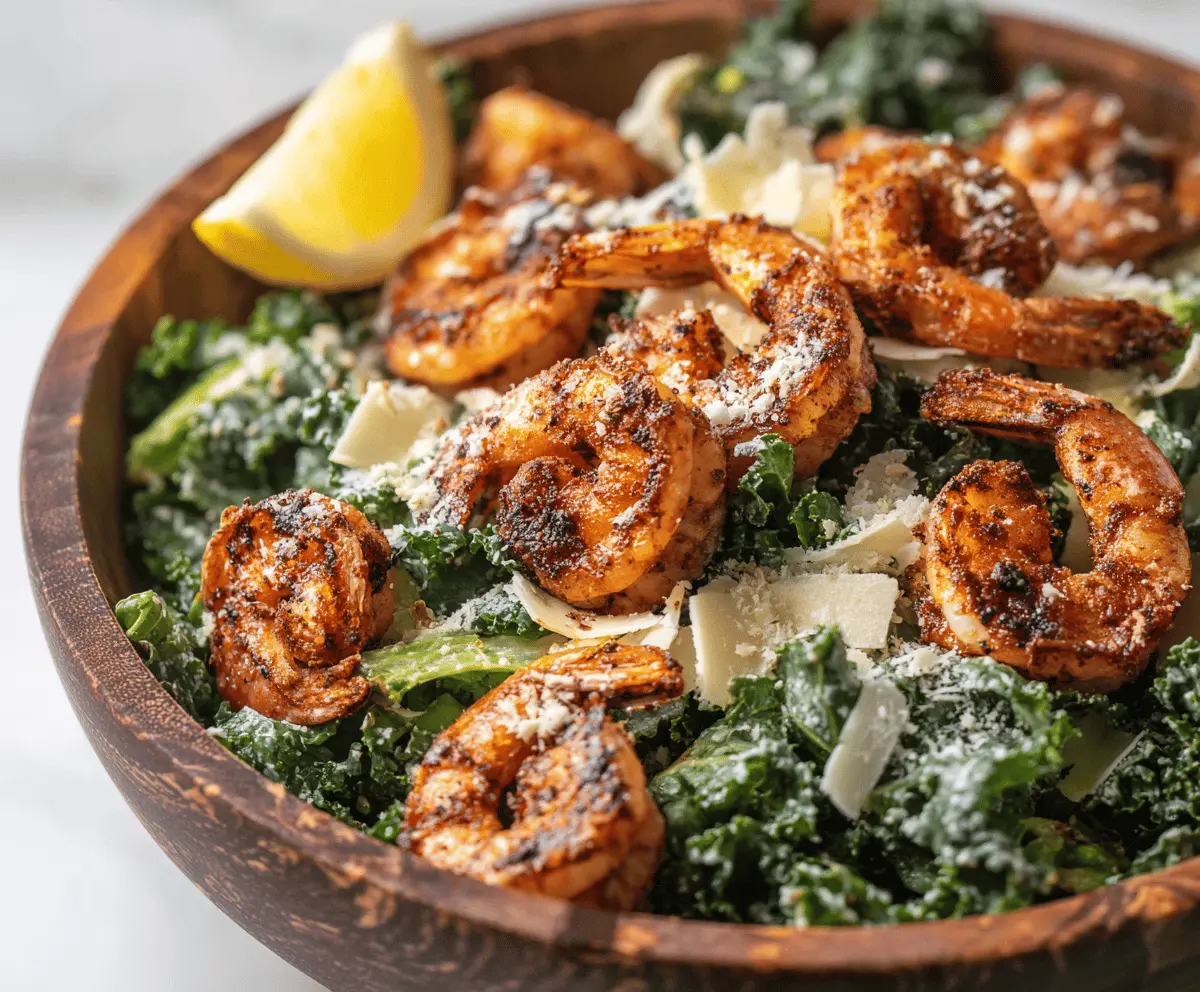 Easy Blackened Shrimp Kale Caesar Salad