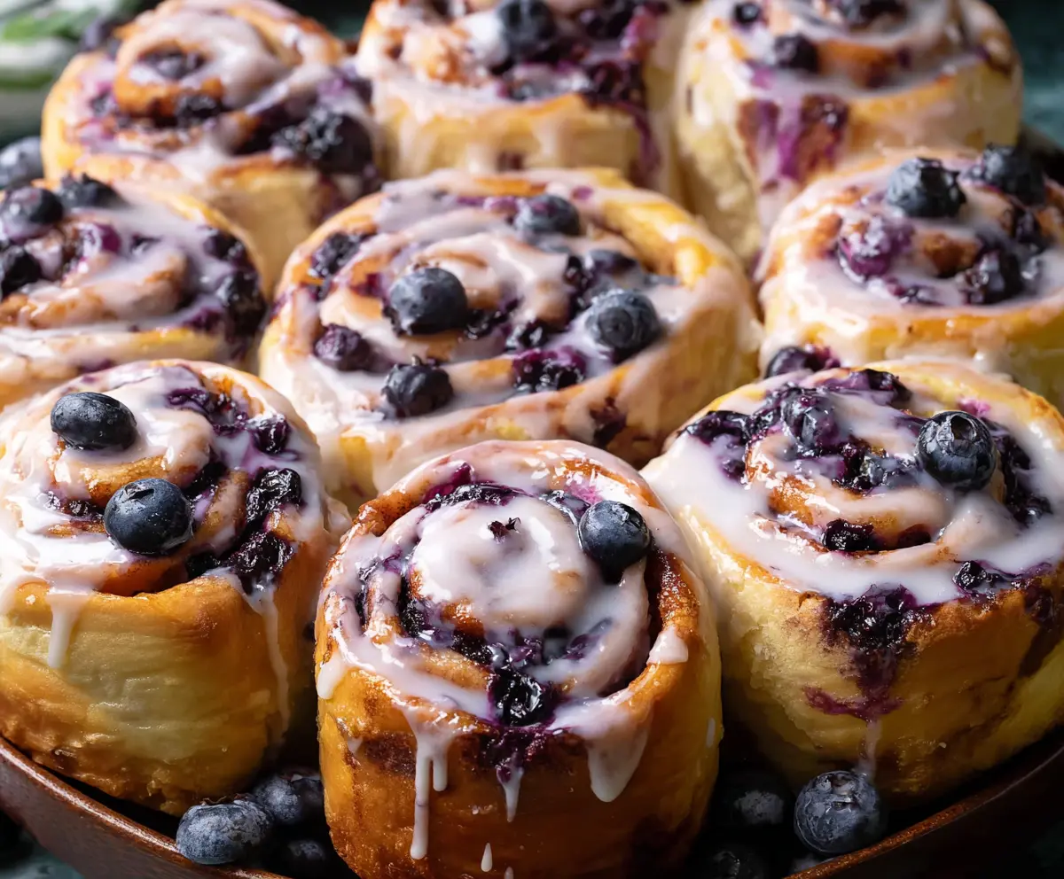 Delicious blueberry cinnamon rolls with a golden-brown top, filled with fresh blueberries and a swirl of cinnamon for a sweet breakfast treat.