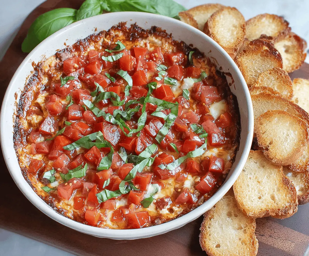 Creamy bruschetta dip with fresh tomatoes and basil served with baguette slices