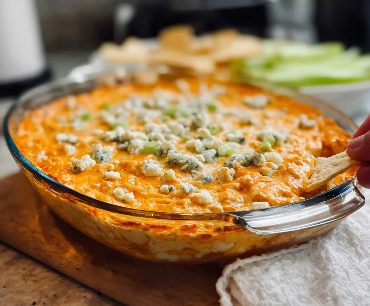 Creamy Buffalo Chicken Dip with spicy sauce and melted cheese in a serving bowl.