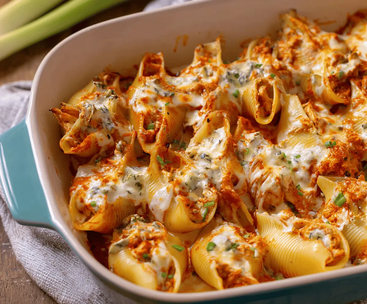 Delicious Buffalo Chicken Stuffed Shells topped with melted cheese and crispy garnishes.