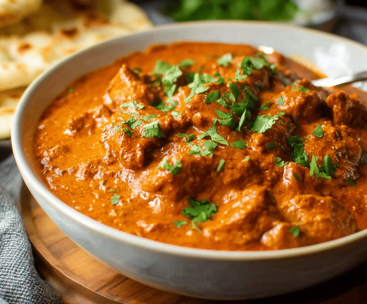 Creamy butter chicken served with aromatic rice and fresh herbs, perfect for a flavorful Indian meal.