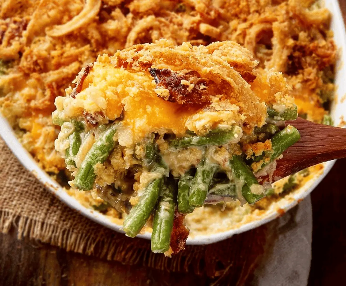 Delicious Cheddar Bay Green Bean Casserole with melted cheese and crispy topping, perfect as a side dish for dinner.