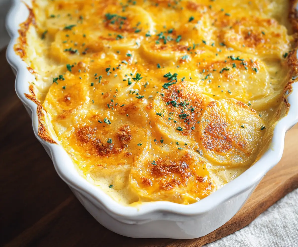 Creamy cheesy scalloped potatoes served in a rustic dish, perfect for family dinner.