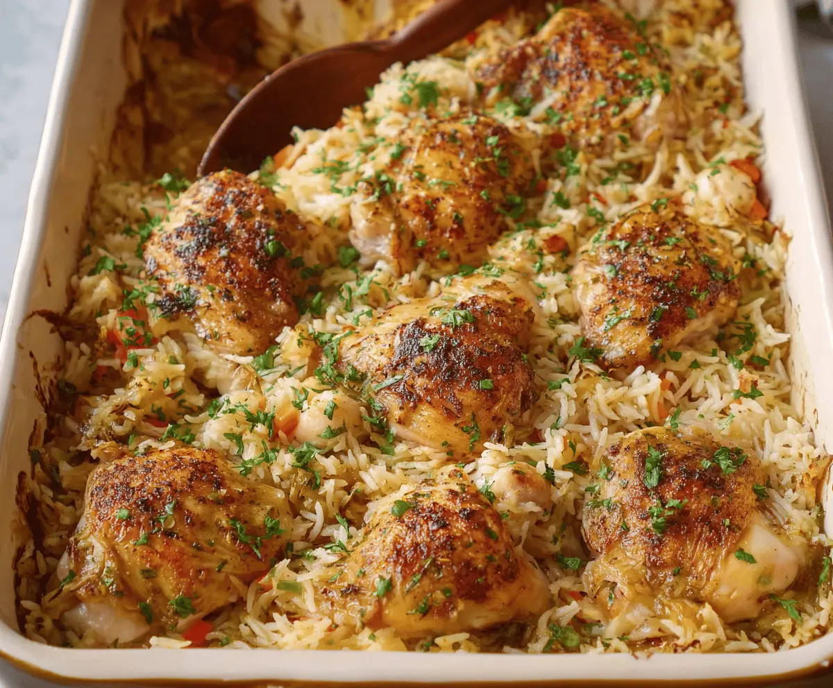 Hearty chicken and rice bake in a oven-safe dish with melted cheese and herbs.