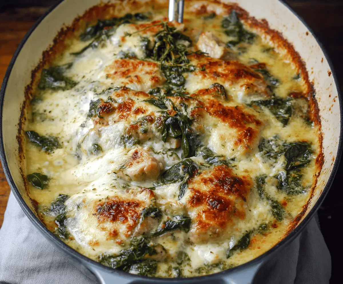 Delicious Chicken and Spinach Casserole with Cream Cheese in a baking dish