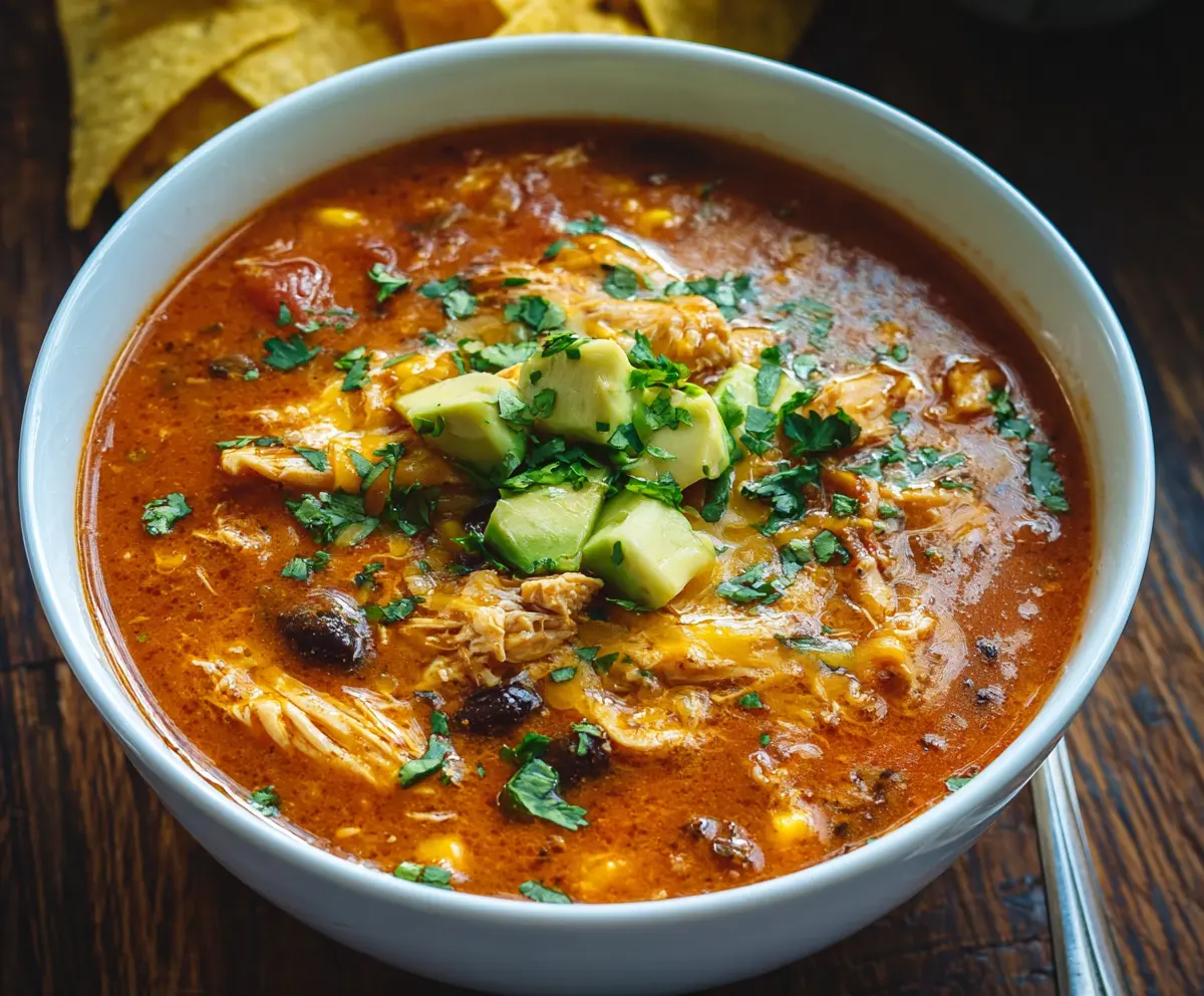 Creamy chicken enchilada soup with melted cheese and fresh cilantro in a bowl.