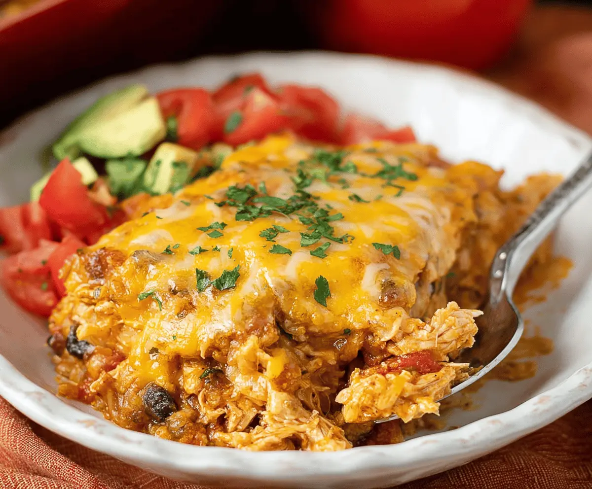 Delicious Chicken Taco Casserole topped with melted cheese and fresh toppings, ready to serve.